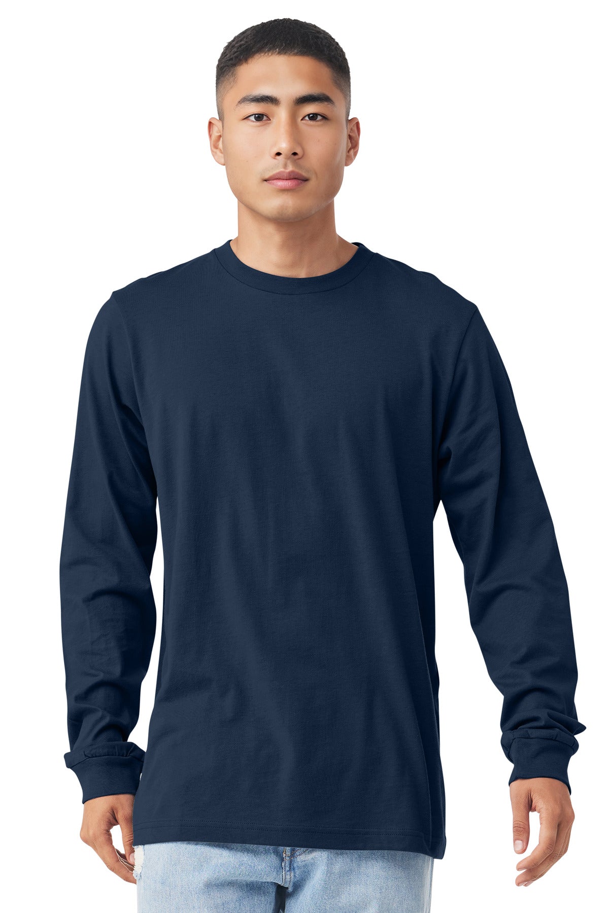 Custom Navy Unisex Jersey Long Sleeve Tee BC3501, personalized by SanCanDo Swag in Argyle, TX