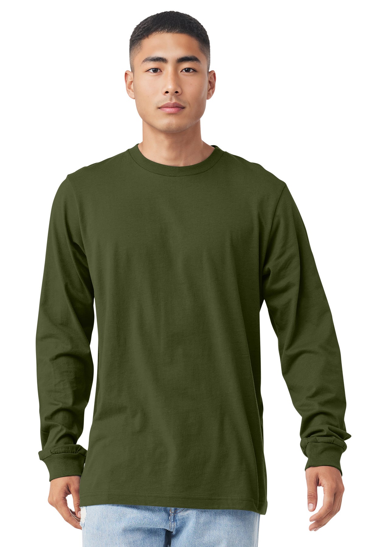 Custom Olive Unisex Jersey Long Sleeve Tee BC3501, personalized by SanCanDo Swag in Argyle, TX