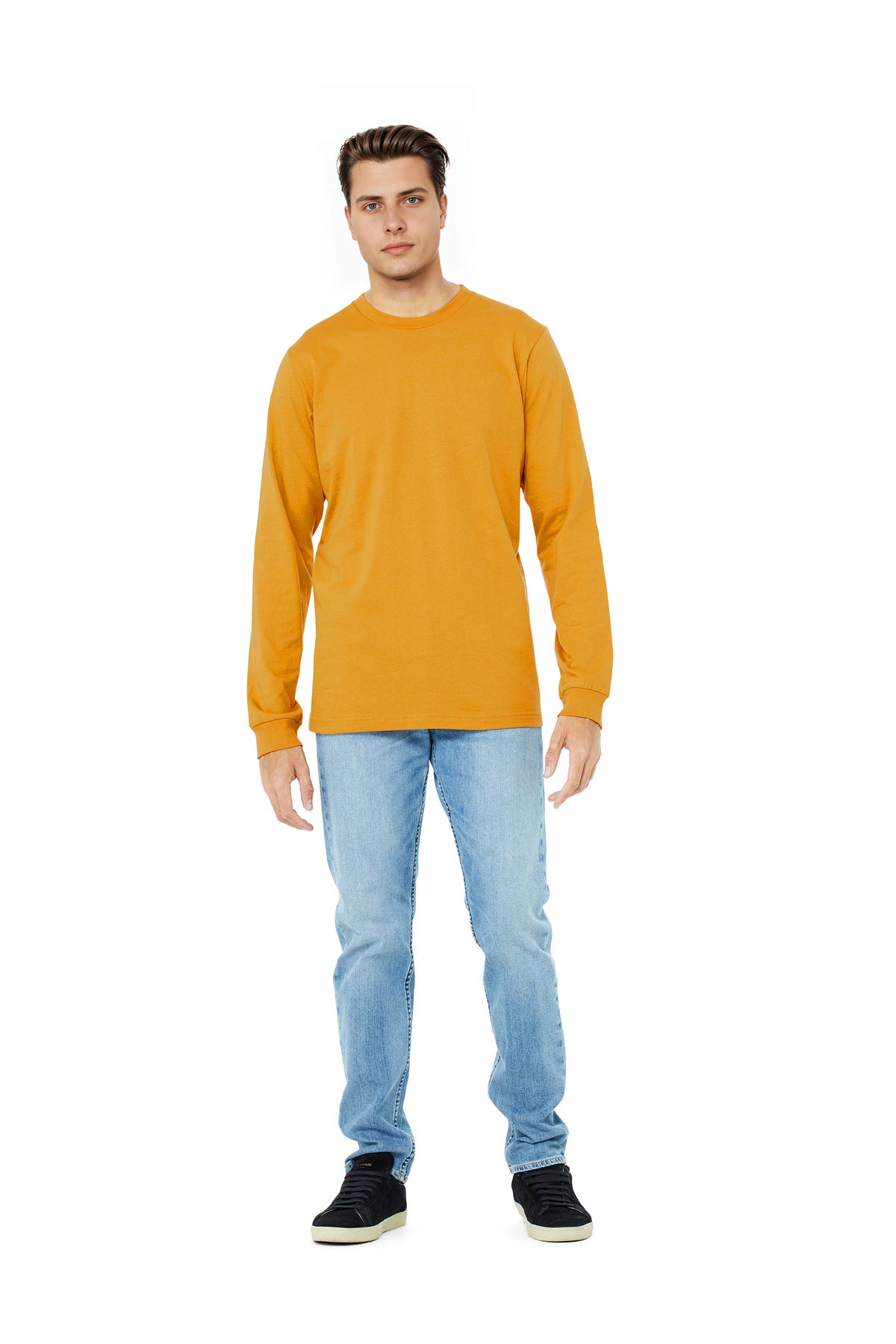 Custom Mustard Unisex Jersey Long Sleeve Tee BC3501, personalized by SanCanDo Swag in Argyle, TX