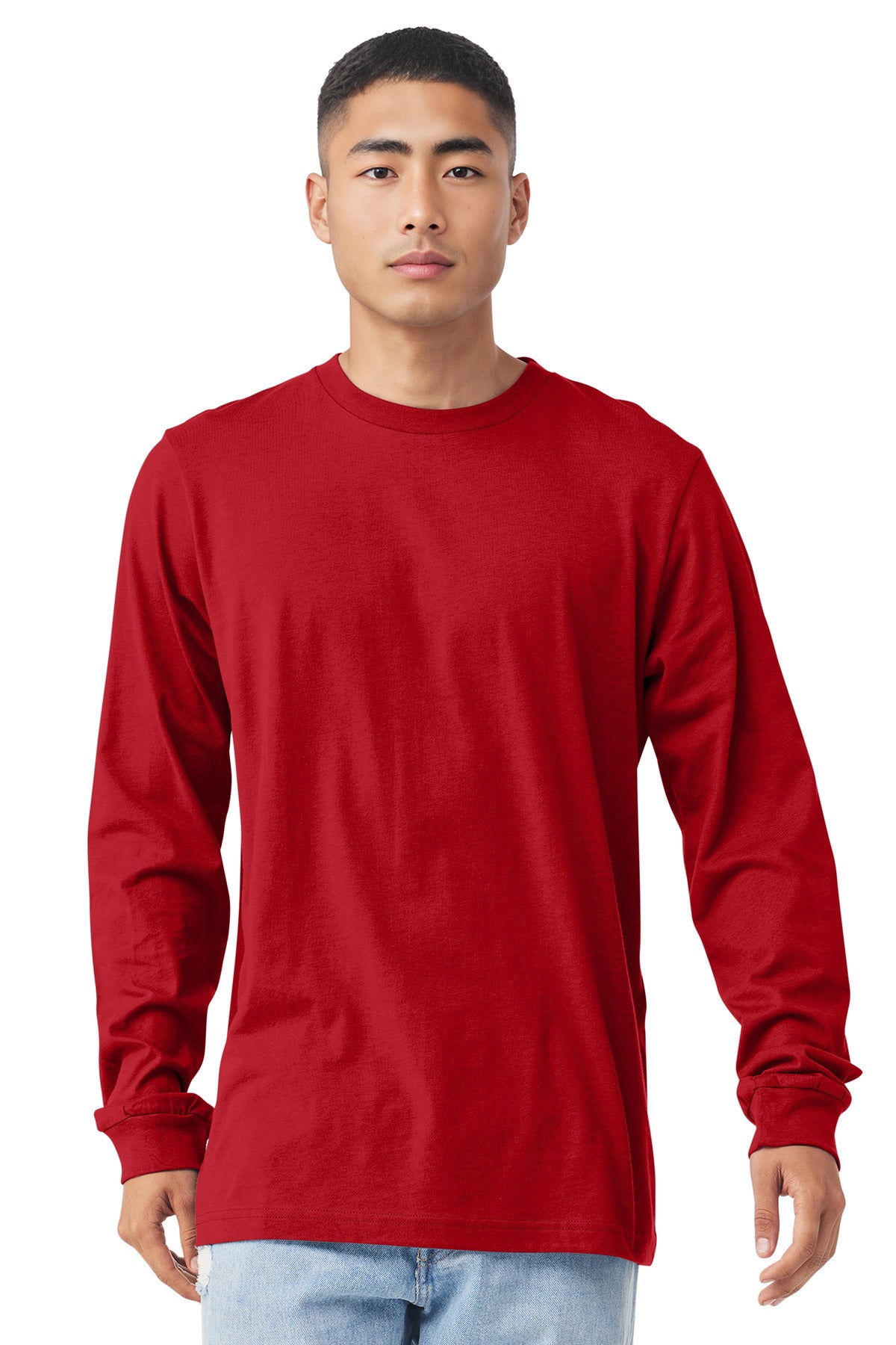 Custom Red Unisex Jersey Long Sleeve Tee BC3501, personalized by SanCanDo Swag in Argyle, TX