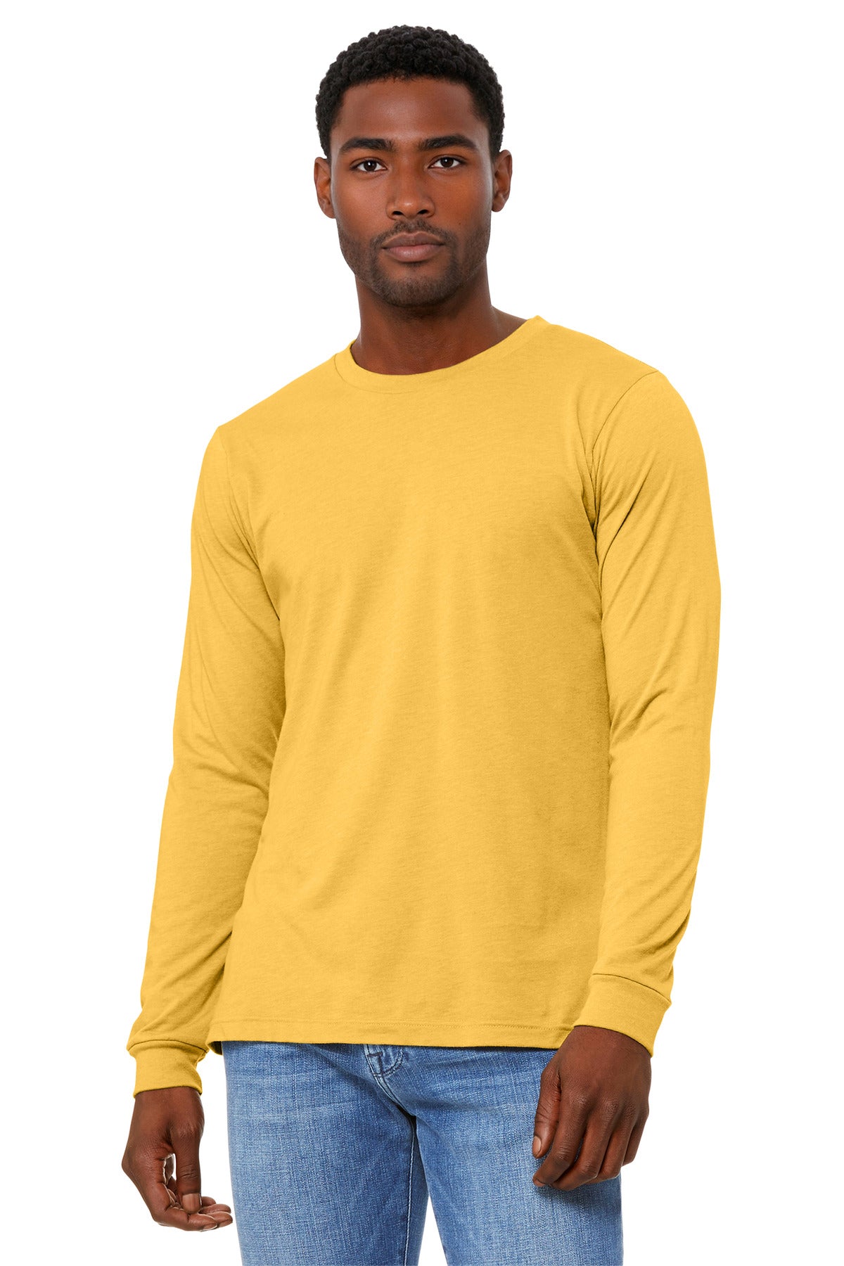 Custom Heather Yellow Gold Unisex Heather CVC Long Sleeve Tee BC3501CVC, personalized by SanCanDo Swag in Argyle, TX