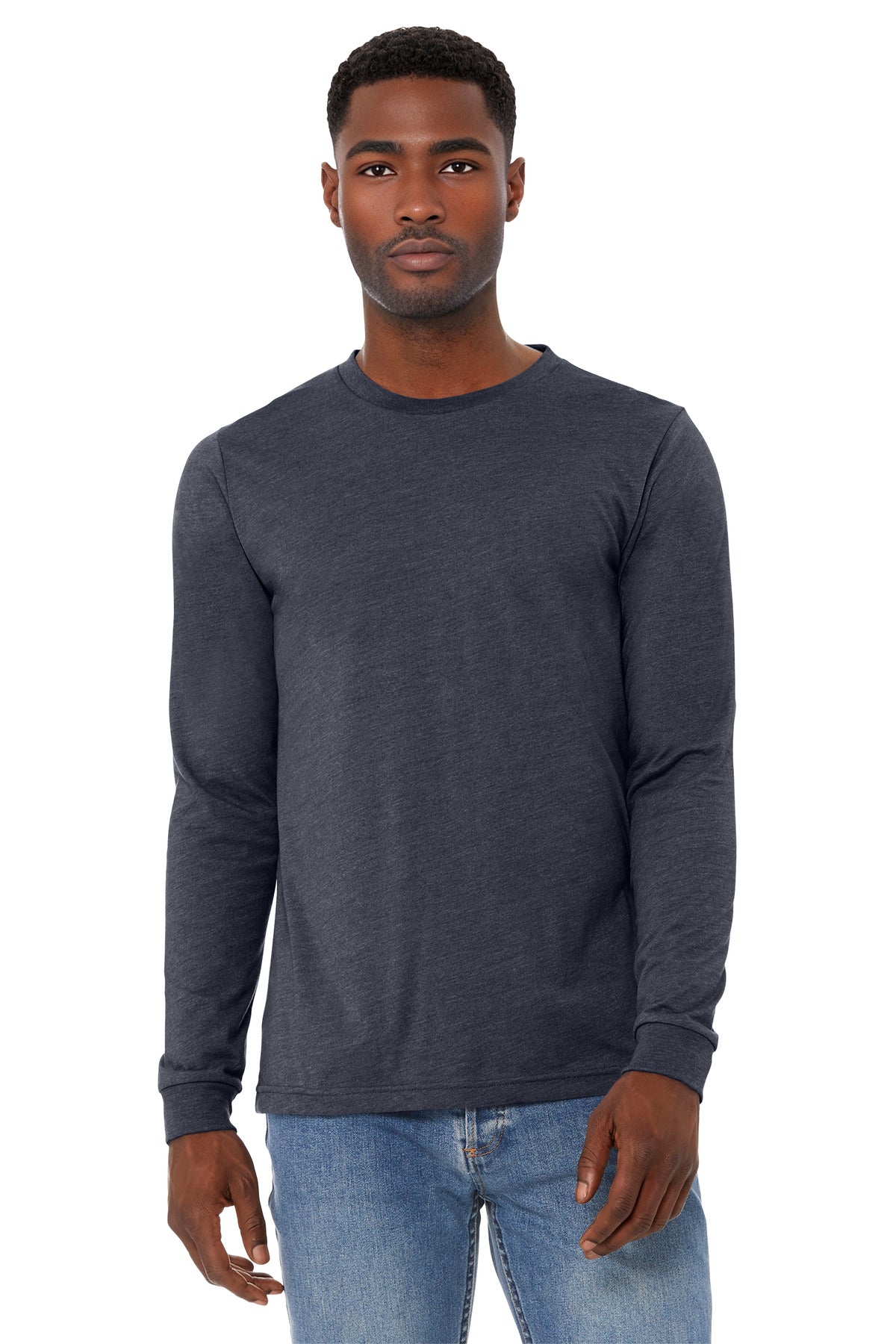 Custom Heather Midnight Navy Unisex Heather CVC Long Sleeve Tee BC3501CVC, personalized by SanCanDo Swag in Argyle, TX