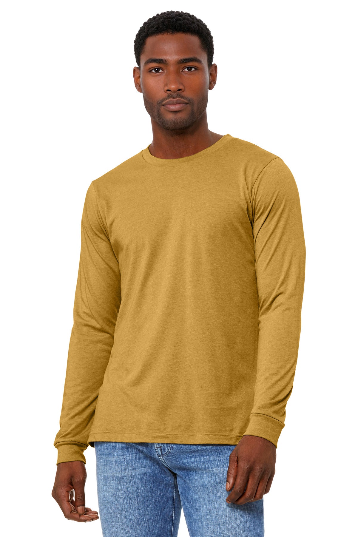 Custom Heather Mustard Unisex Heather CVC Long Sleeve Tee BC3501CVC, personalized by SanCanDo Swag in Argyle, TX