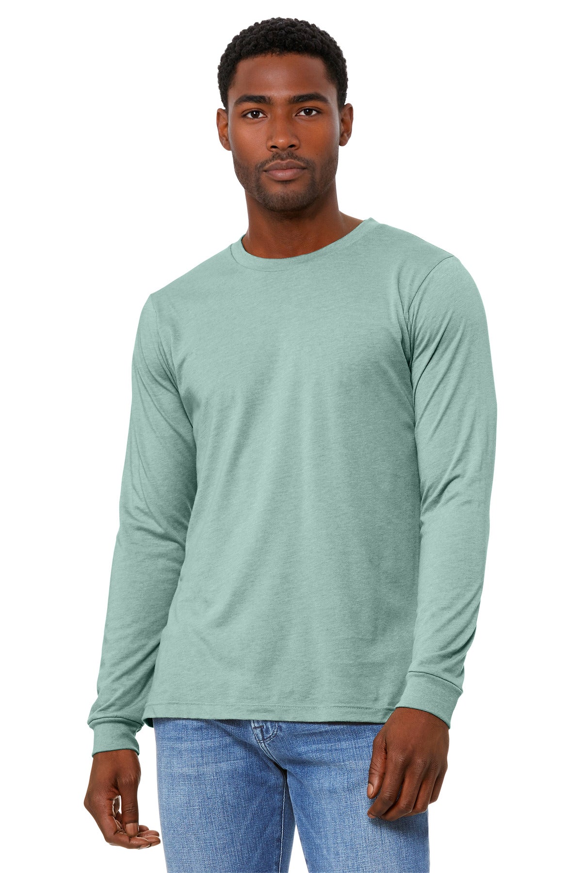 Custom Heather Dusty Blue Unisex Heather CVC Long Sleeve Tee BC3501CVC, personalized by SanCanDo Swag in Argyle, TX
