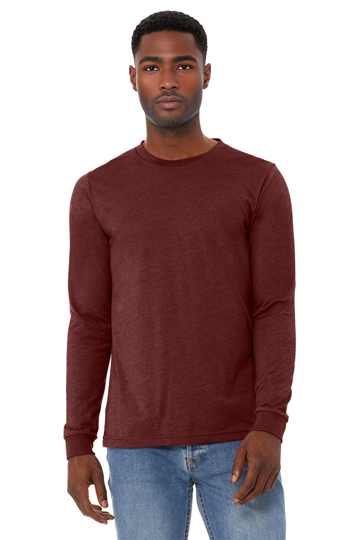 Custom Heather Cardinal Unisex Heather CVC Long Sleeve Tee BC3501CVC, personalized by SanCanDo Swag in Argyle, TX