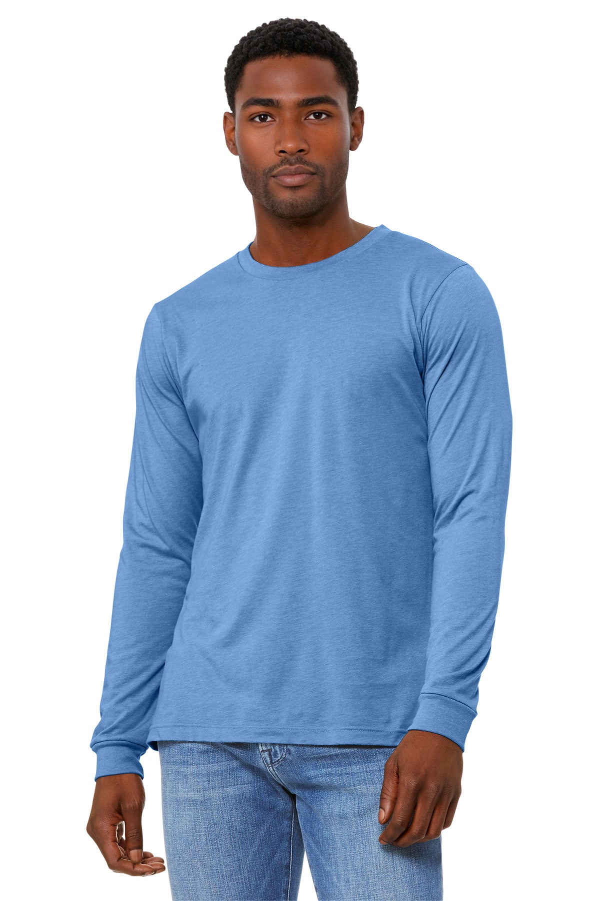 Custom Heather Carolina Blue Unisex Heather CVC Long Sleeve Tee BC3501CVC, personalized by SanCanDo Swag in Argyle, TX