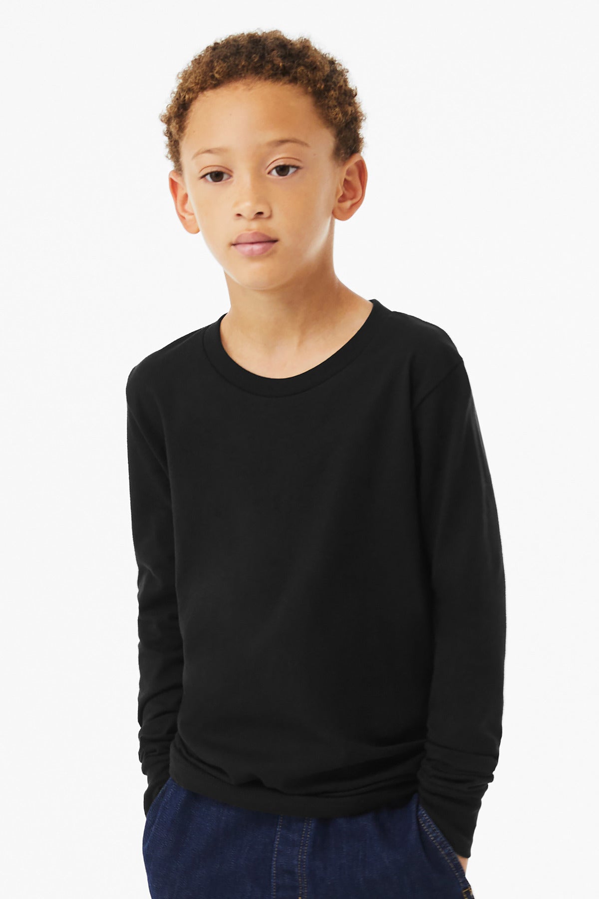 Custom Solid Black Blend Youth Heather CVC Long Sleeve Tee BC3501YCVC, personalized by SanCanDo Swag in Argyle, TX