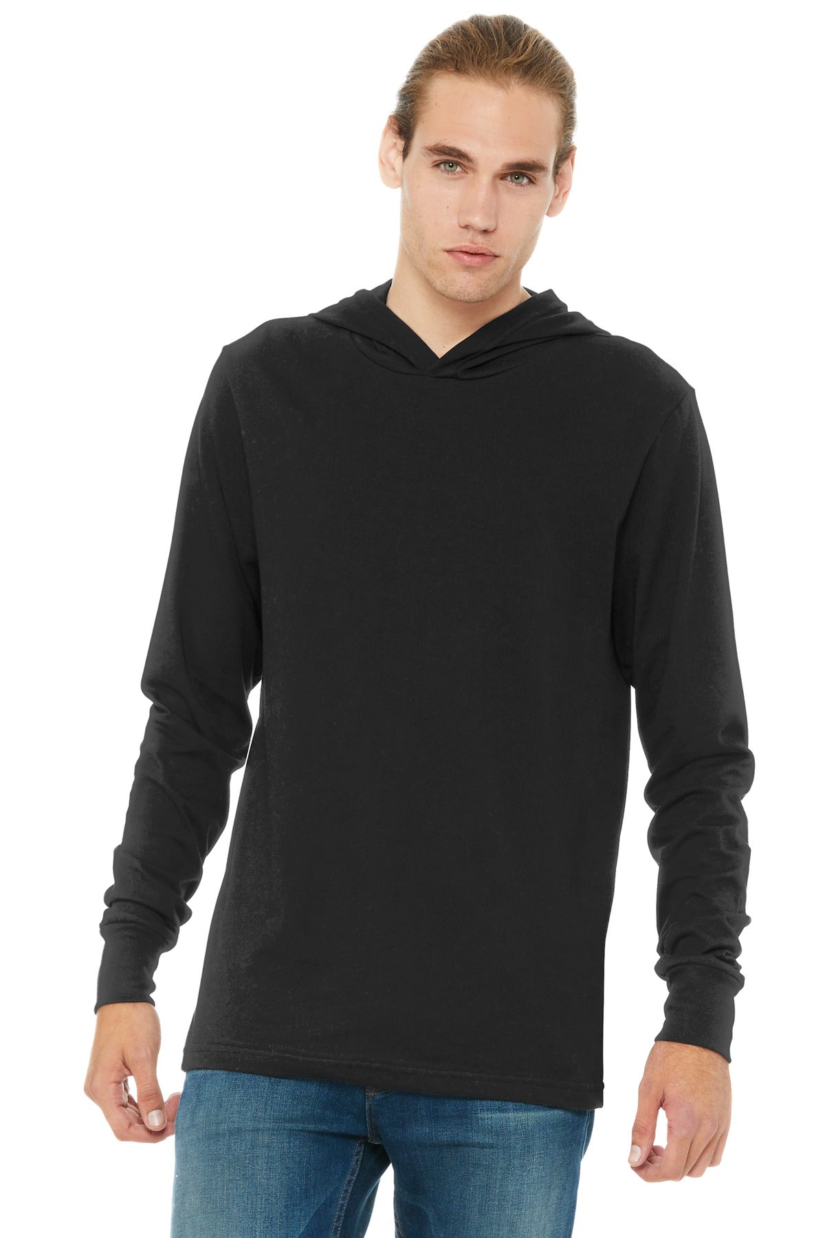 Custom Black Unisex Jersey Long Sleeve Hoodie BC3512, personalized by SanCanDo Swag in Argyle, TX