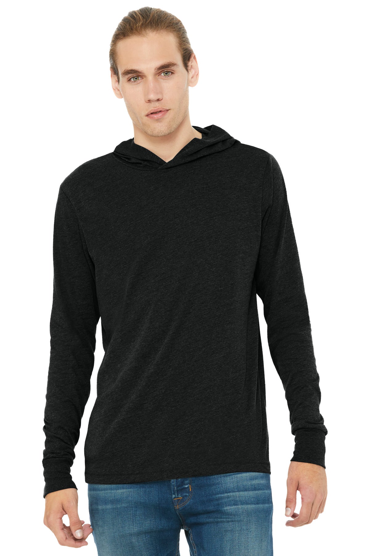 Custom Charcoal-Black Triblend Unisex Jersey Long Sleeve Hoodie BC3512, personalized by SanCanDo Swag in Argyle, TX