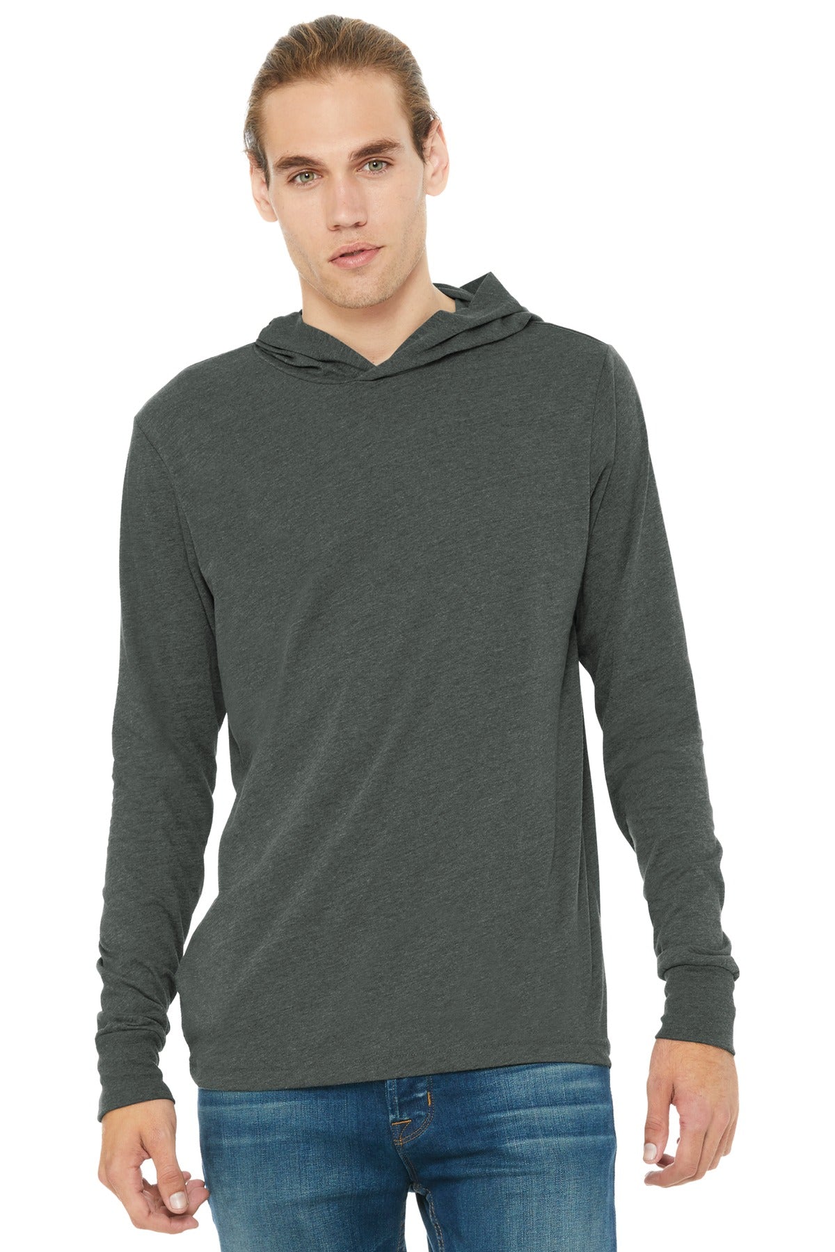 Custom Deep Heather Unisex Jersey Long Sleeve Hoodie BC3512, personalized by SanCanDo Swag in Argyle, TX