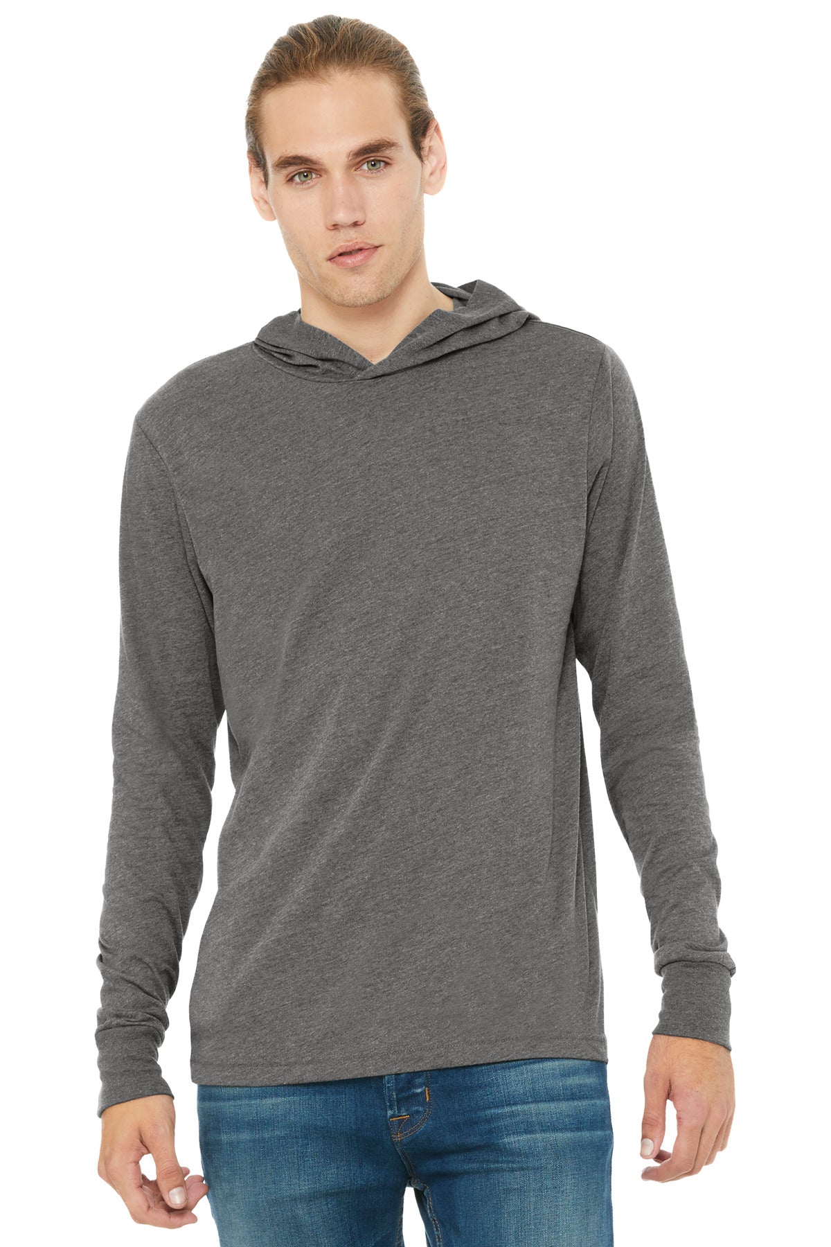 Custom Grey Triblend Unisex Jersey Long Sleeve Hoodie BC3512, personalized by SanCanDo Swag in Argyle, TX