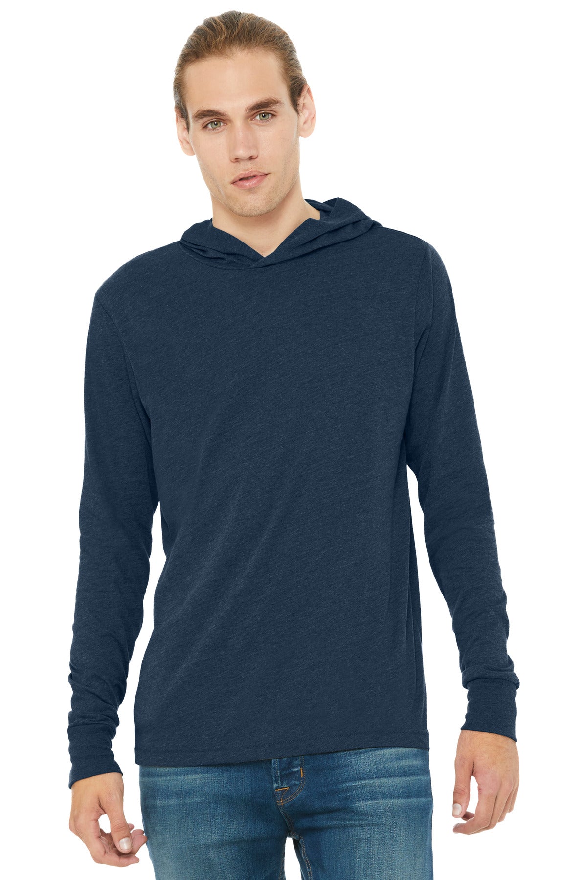 Custom Heather Navy Unisex Jersey Long Sleeve Hoodie BC3512, personalized by SanCanDo Swag in Argyle, TX