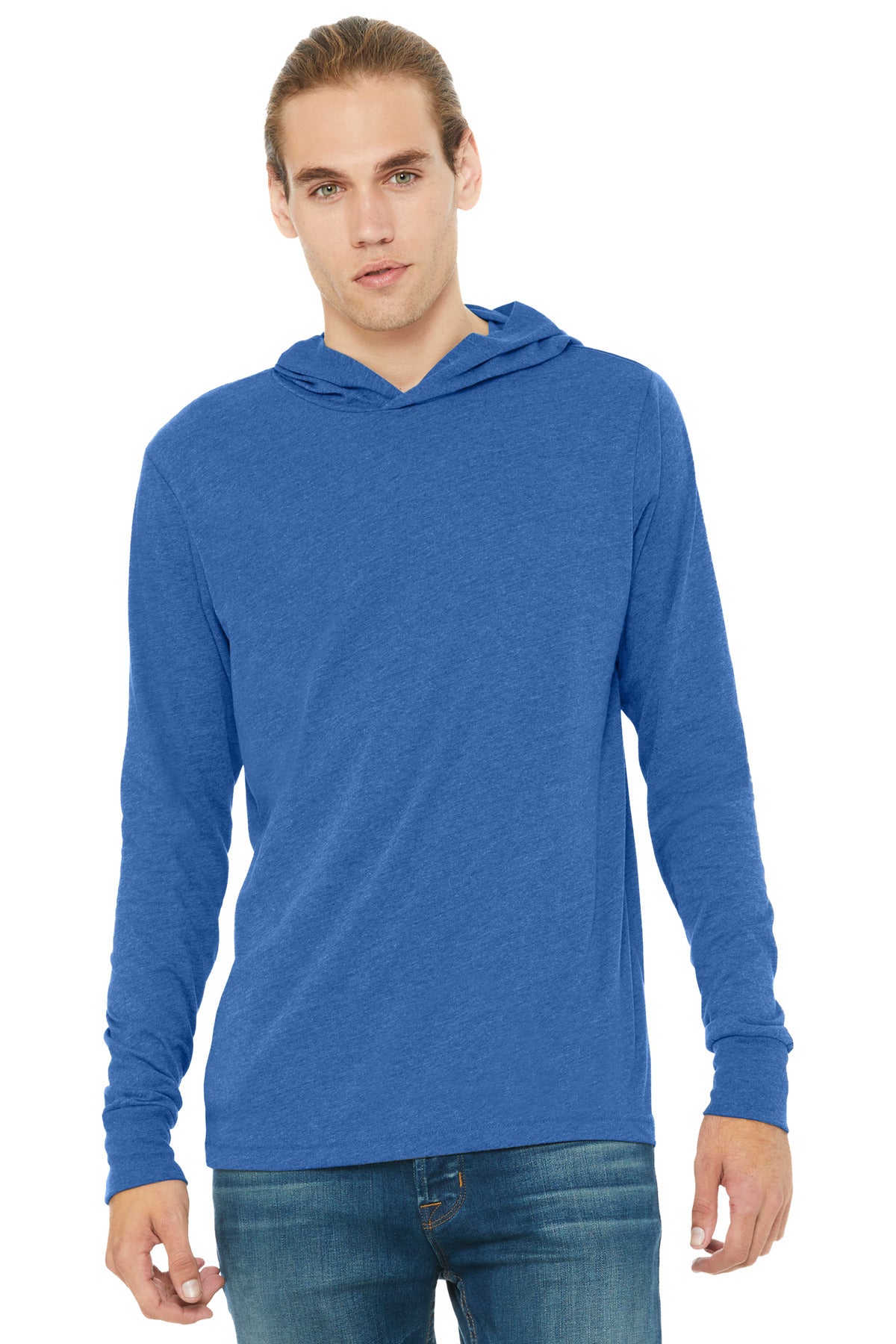 Custom Heather True Royal Unisex Jersey Long Sleeve Hoodie BC3512, personalized by SanCanDo Swag in Argyle, TX