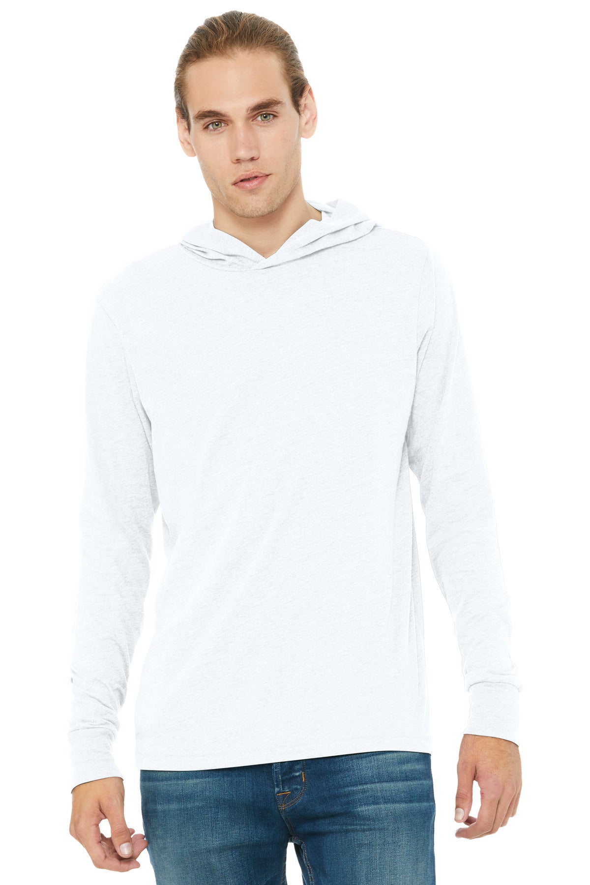 Custom White Unisex Jersey Long Sleeve Hoodie BC3512, personalized by SanCanDo Swag in Argyle, TX