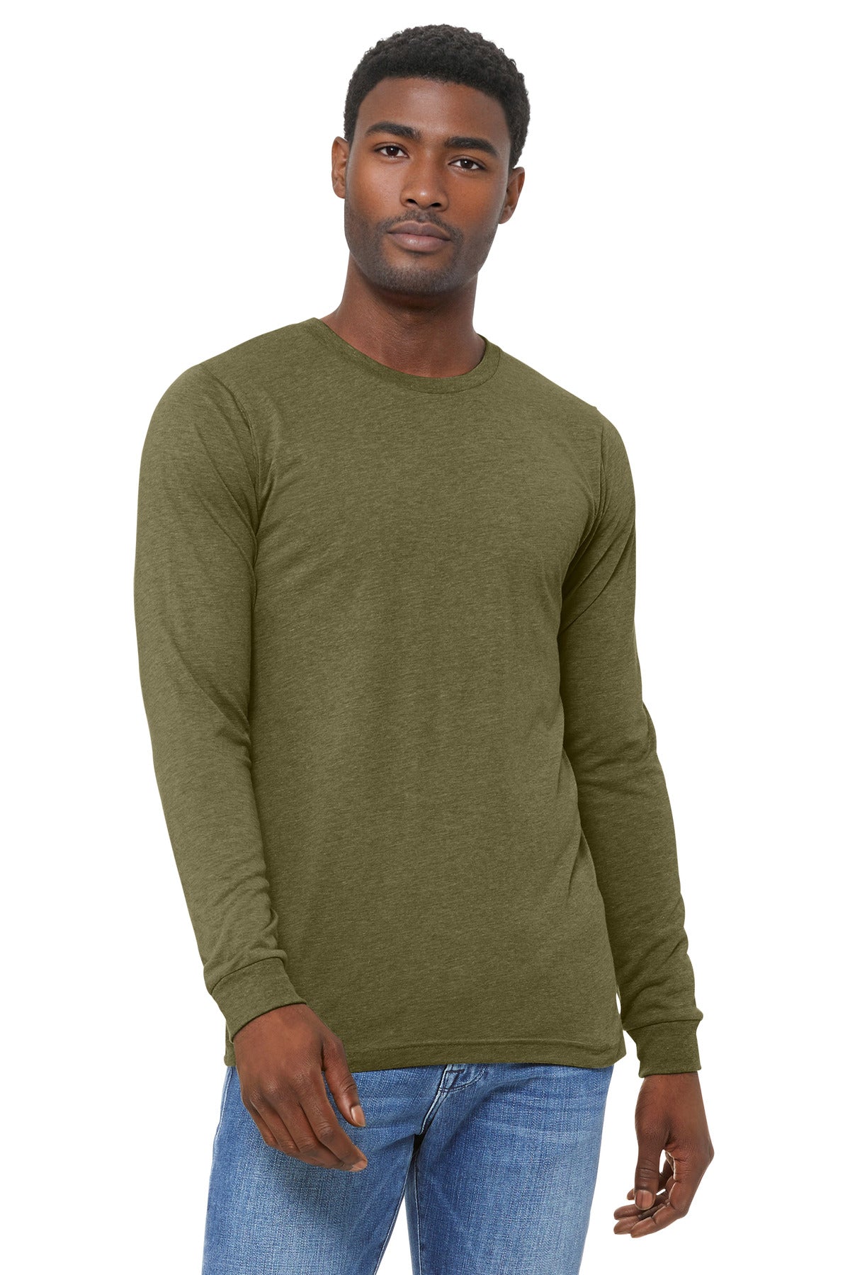 Custom Olive Triblend Unisex Triblend Long Sleeve Tee BC3513, personalized by SanCanDo Swag in Argyle, TX