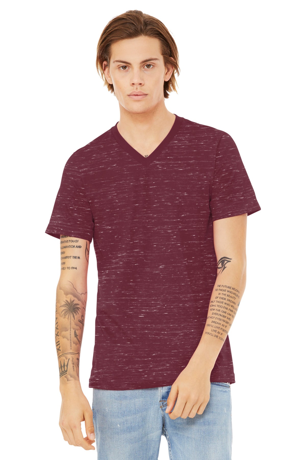 Custom Maroon Marble Unisex Textured Jersey V-Neck Tee BC3655, personalized by SanCanDo Swag in Argyle, TX