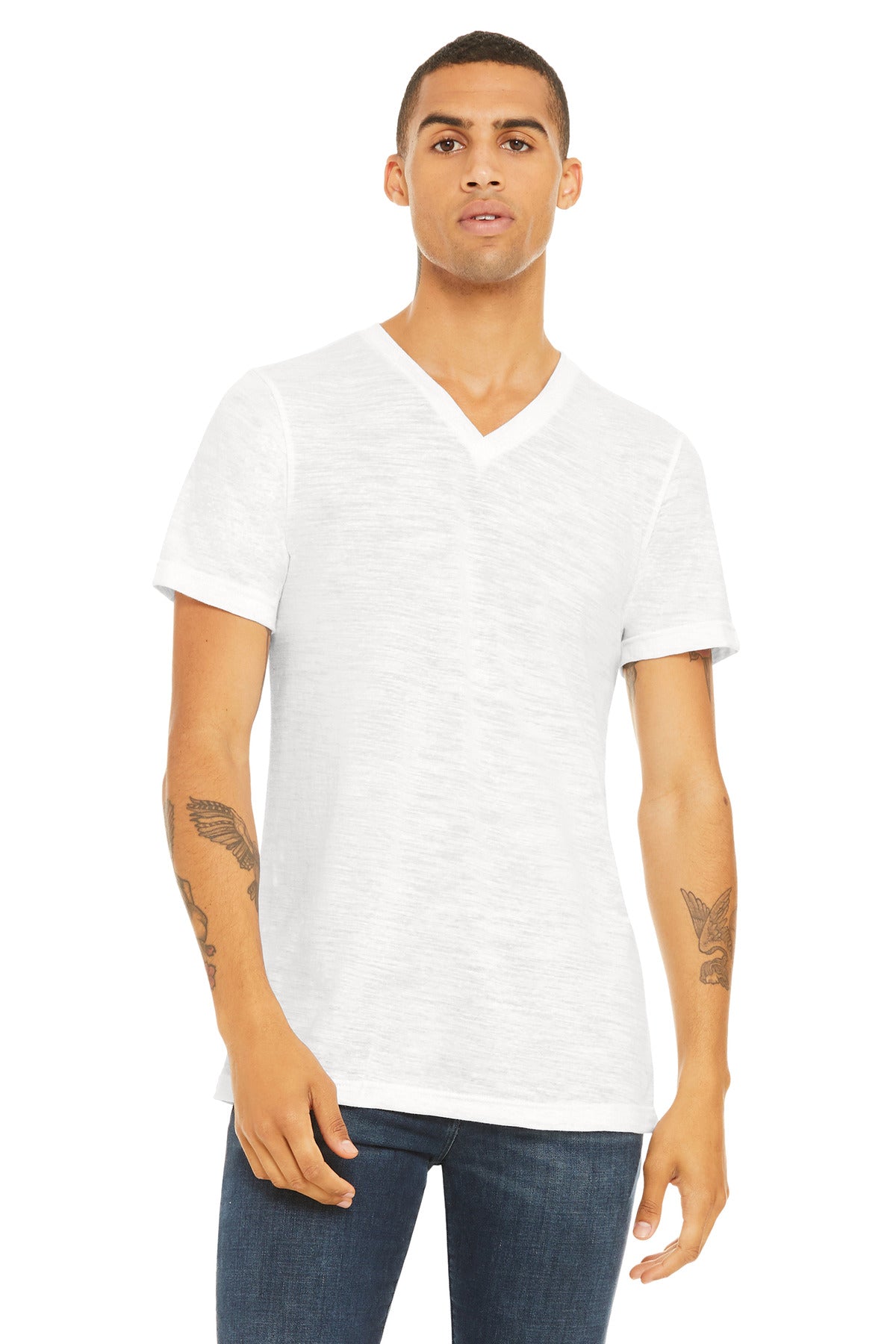Custom White Slub Unisex Textured Jersey V-Neck Tee BC3655, personalized by SanCanDo Swag in Argyle, TX