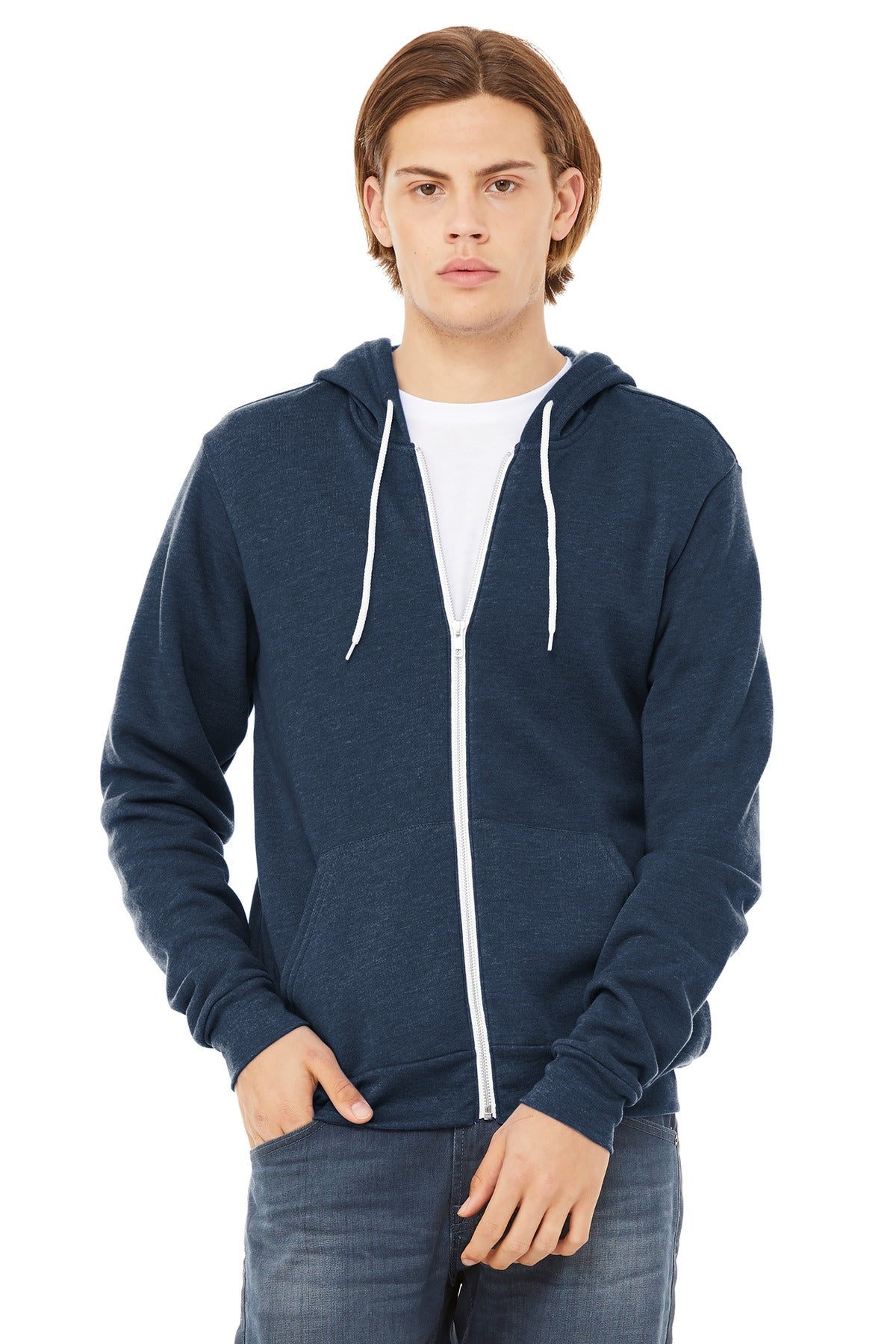 Custom Heather Navy Unisex Sponge Fleece Full-Zip Hoodie BC3739, personalized by SanCanDo Swag in Argyle, TX