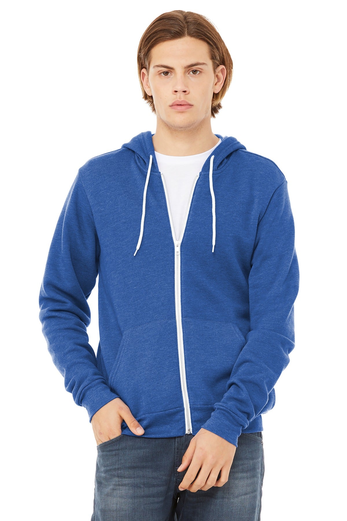 Custom Heather True Royal Unisex Sponge Fleece Full-Zip Hoodie BC3739, personalized by SanCanDo Swag in Argyle, TX