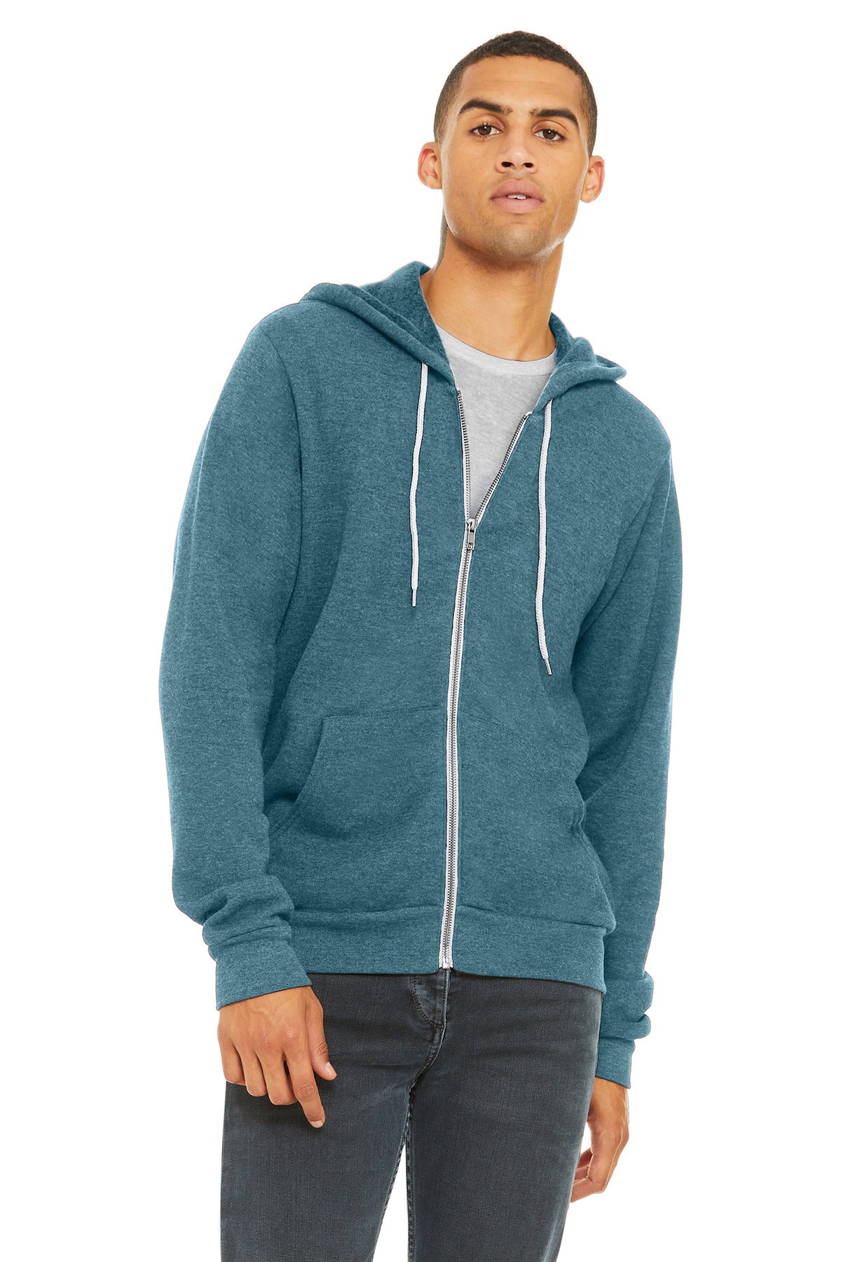 Custom Heather Deep Teal Unisex Sponge Fleece Full-Zip Hoodie BC3739, personalized by SanCanDo Swag in Argyle, TX