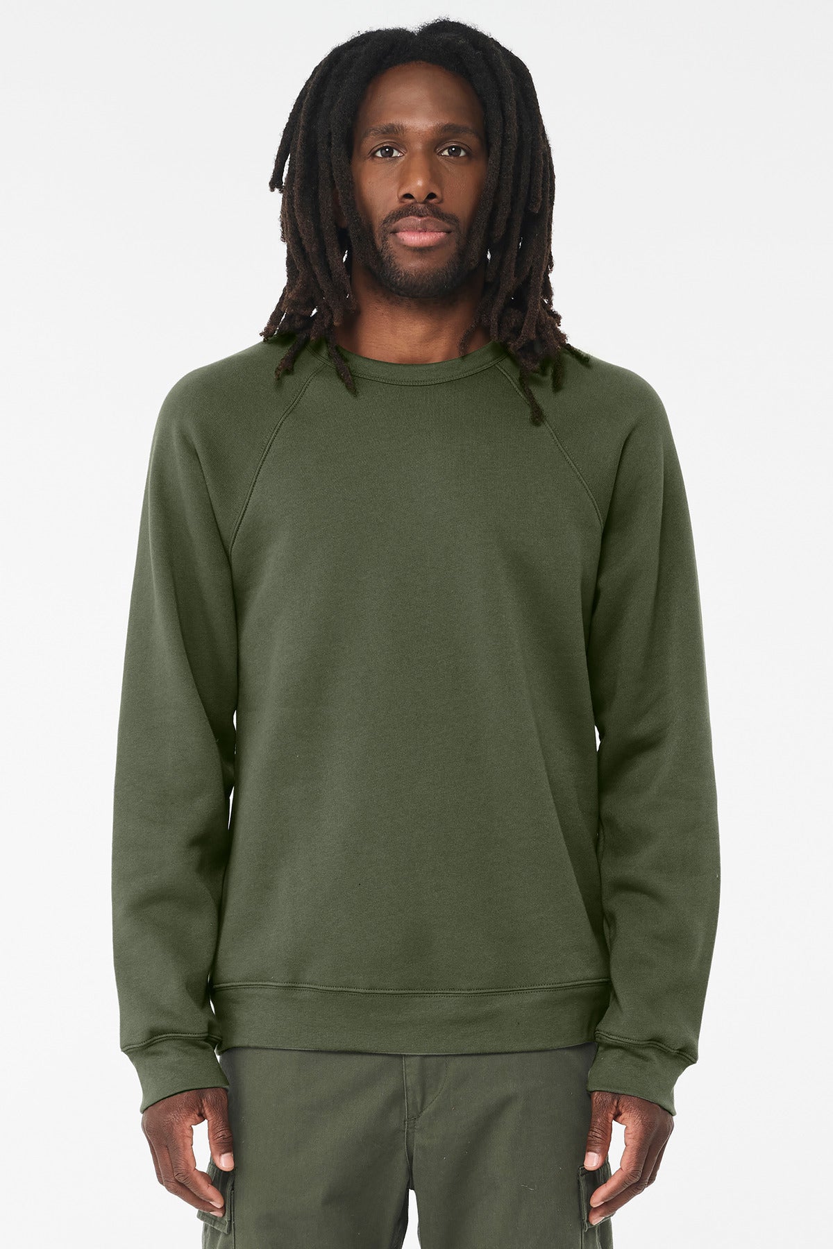 Custom Military Green Unisex Sponge Fleece Raglan Sweatshirt BC3901, personalized by SanCanDo Swag in Argyle, TX