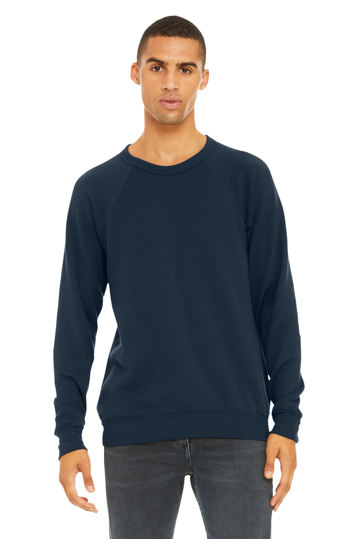 Custom Navy Unisex Sponge Fleece Raglan Sweatshirt BC3901, personalized by SanCanDo Swag in Argyle, TX