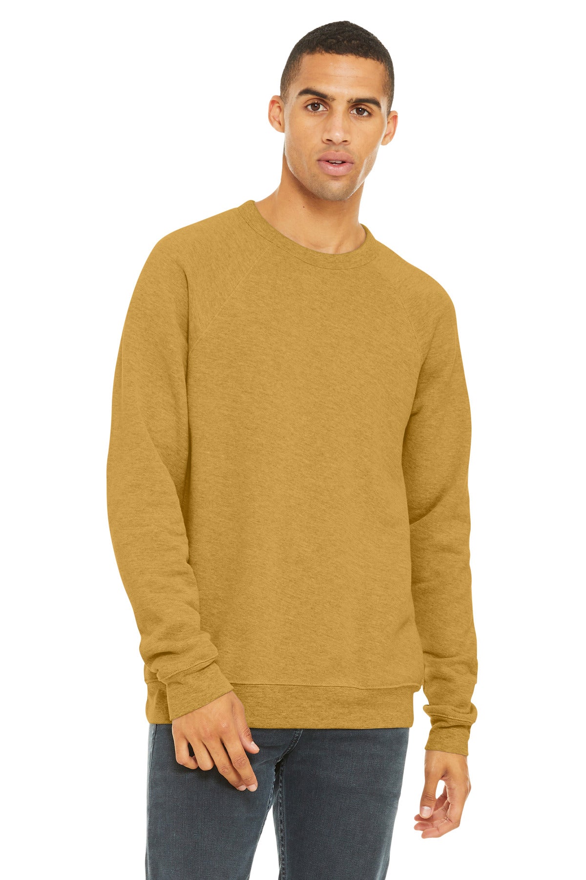 Custom Heather Mustard Unisex Sponge Fleece Raglan Sweatshirt BC3901, personalized by SanCanDo Swag in Argyle, TX