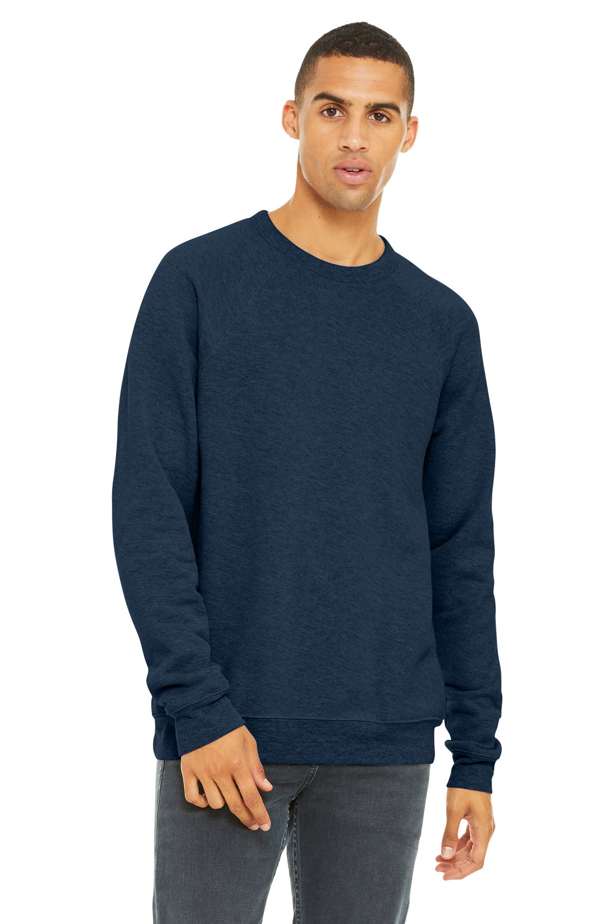 Custom Heather Navy Unisex Sponge Fleece Raglan Sweatshirt BC3901, personalized by SanCanDo Swag in Argyle, TX