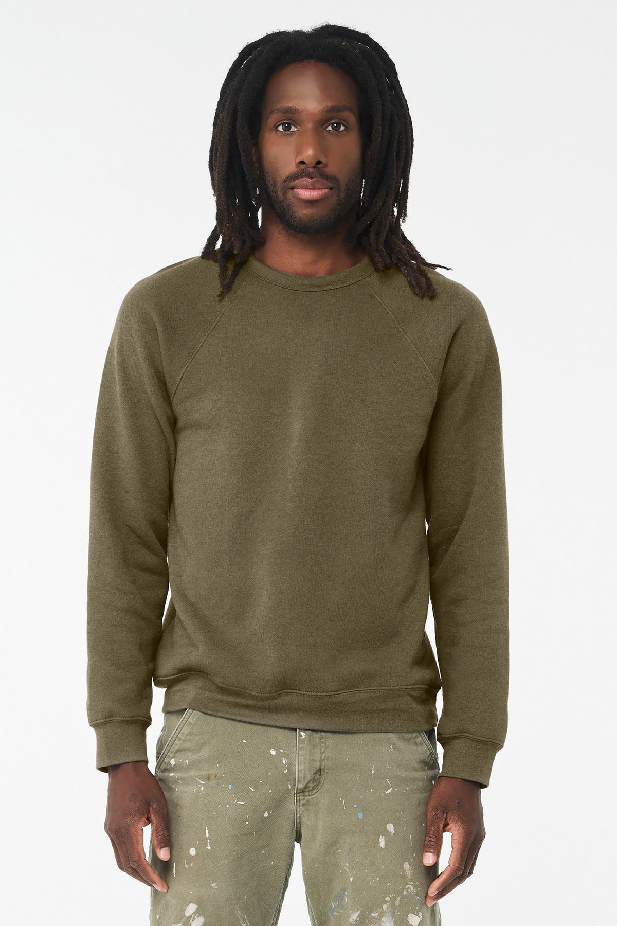 Custom Heather Olive Unisex Sponge Fleece Raglan Sweatshirt BC3901, personalized by SanCanDo Swag in Argyle, TX