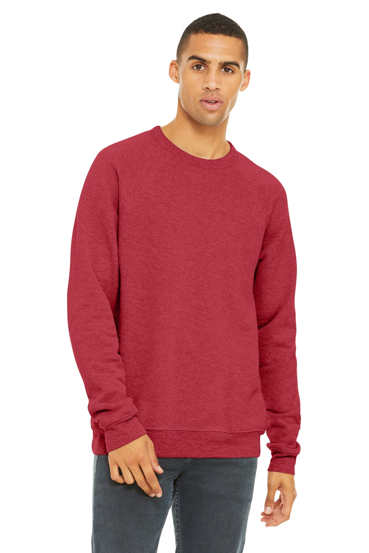 Custom Heather Red Unisex Sponge Fleece Raglan Sweatshirt BC3901, personalized by SanCanDo Swag in Argyle, TX
