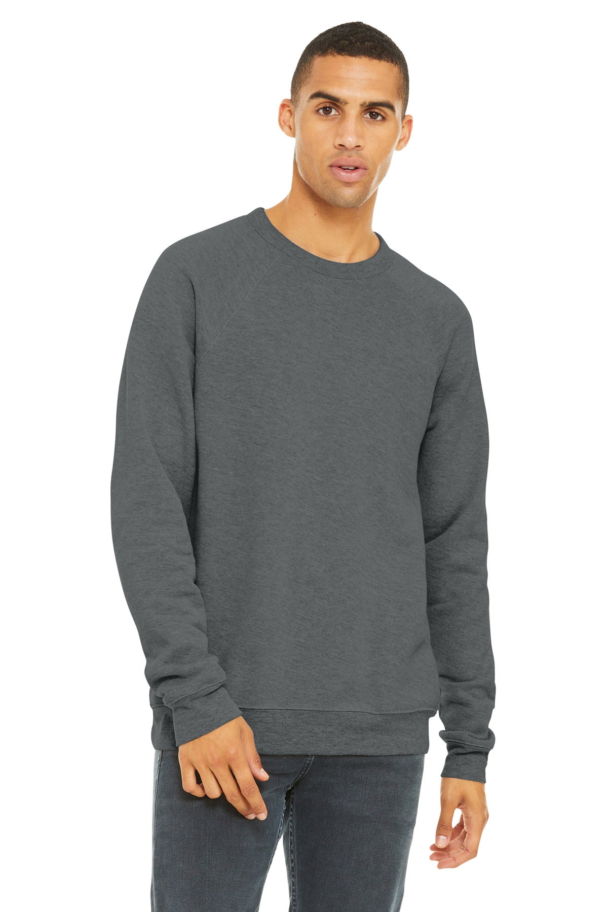Custom Grey Triblend Unisex Sponge Fleece Raglan Sweatshirt BC3901, personalized by SanCanDo Swag in Argyle, TX