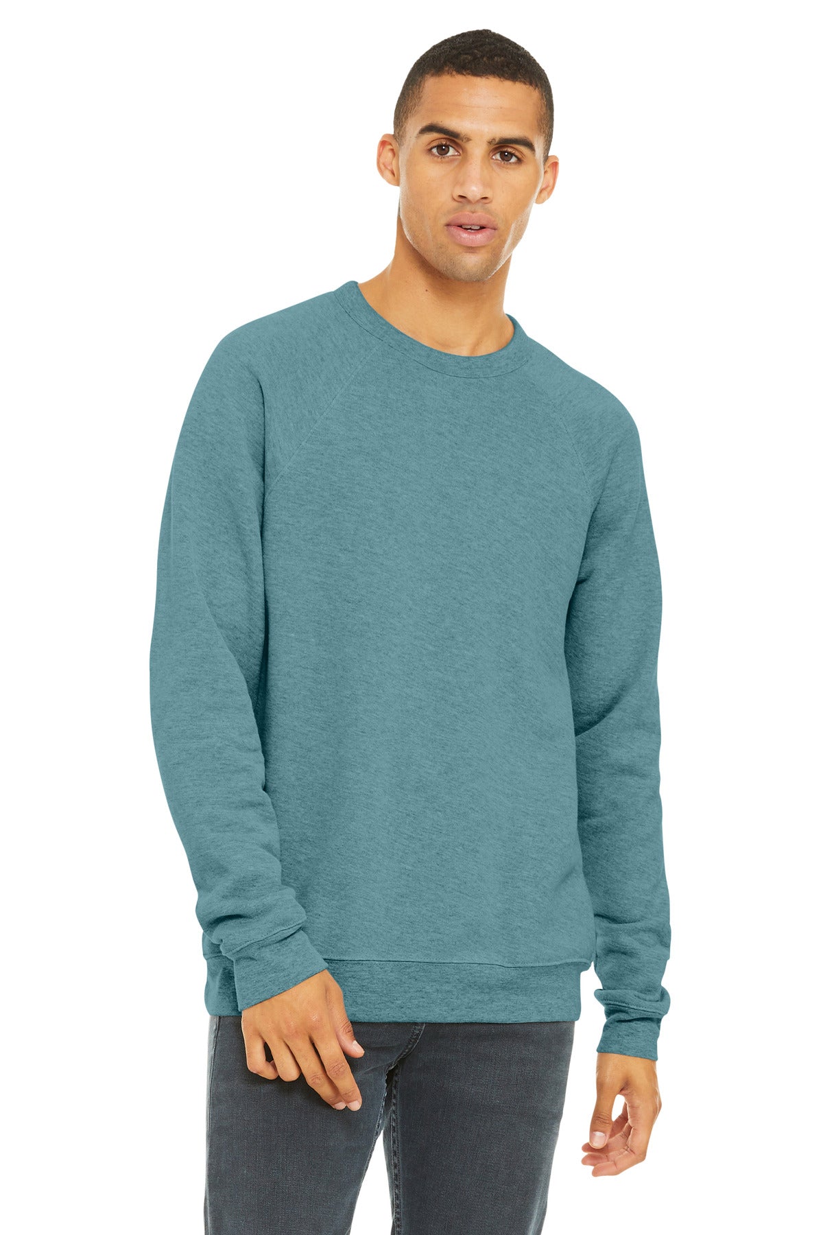 Custom Heather Blue Lagoon Unisex Sponge Fleece Raglan Sweatshirt BC3901, personalized by SanCanDo Swag in Argyle, TX
