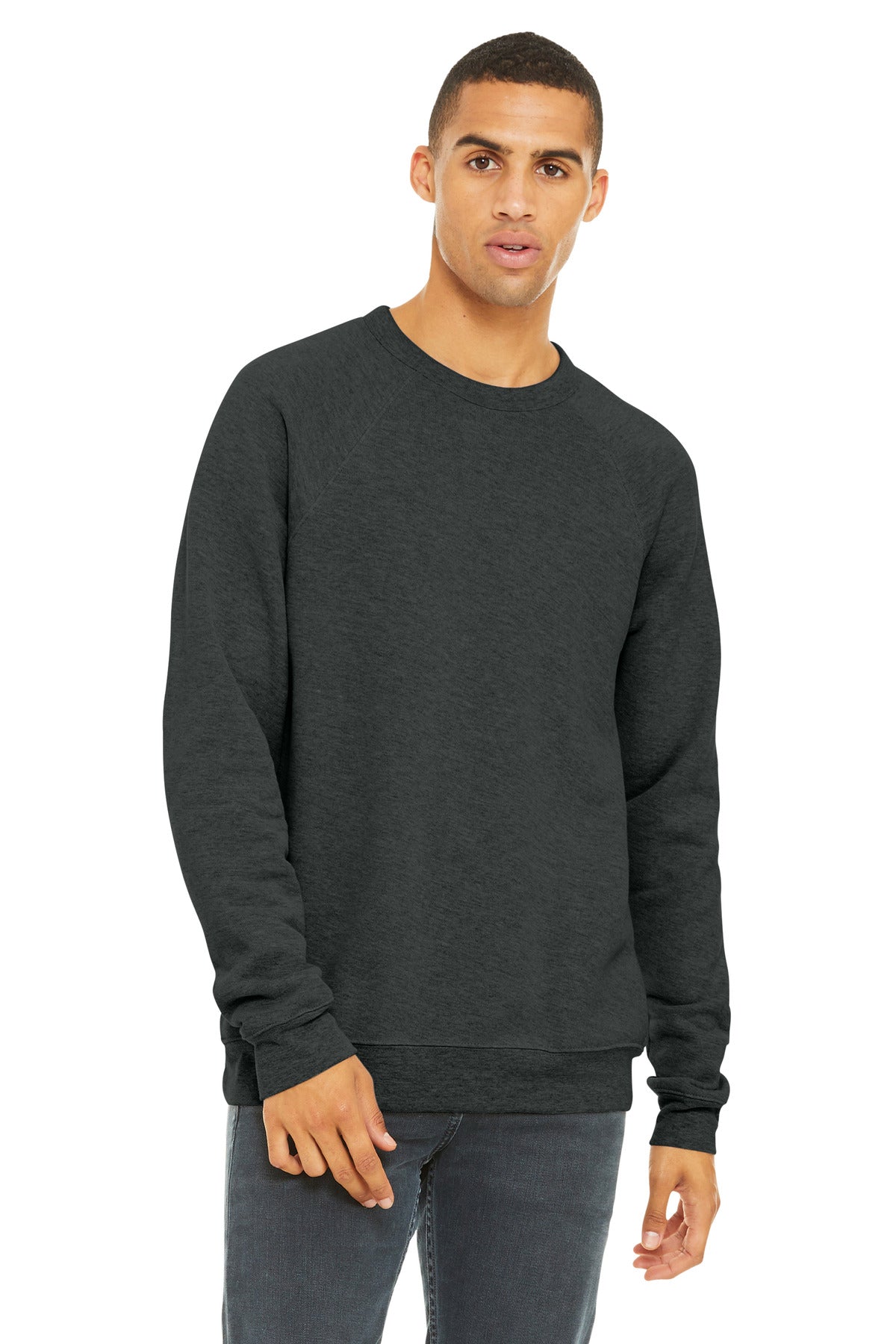 Custom Dark Grey Heather Unisex Sponge Fleece Raglan Sweatshirt BC3901, personalized by SanCanDo Swag in Argyle, TX