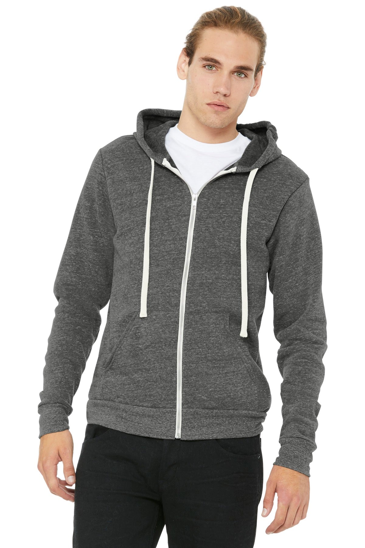 Custom Grey Triblend Triblend Sponge Fleece Full-Zip Hoodie BC3909, personalized by SanCanDo Swag in Argyle, TX