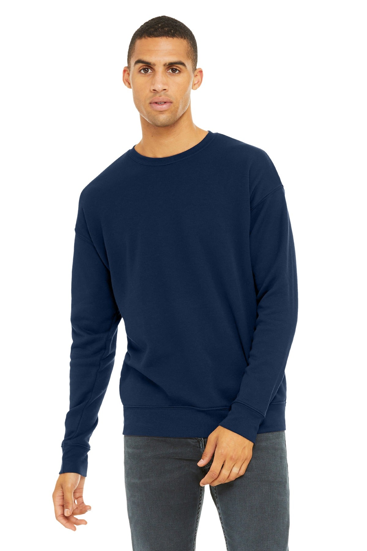 Custom Navy Sponge Fleece Drop Shoulder Sweatshirt BC3945, personalized by SanCanDo Swag in Argyle, TX