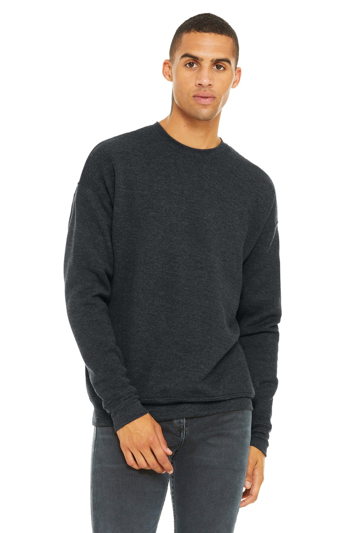 Custom Dark Grey Heather Sponge Fleece Drop Shoulder Sweatshirt BC3945, personalized by SanCanDo Swag in Argyle, TX