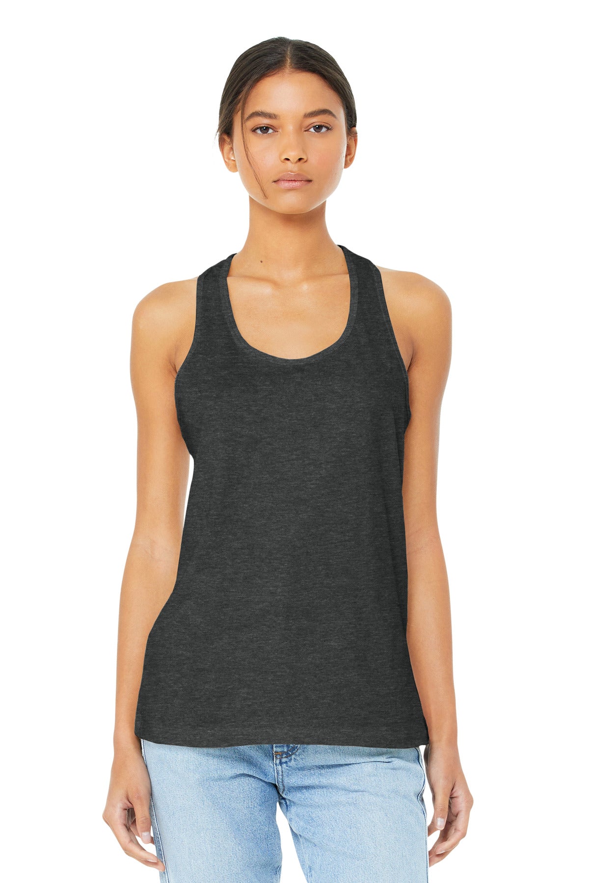 Custom Dark Grey Heather Women's Jersey Racerback Tank BC6008, personalized by SanCanDo Swag in Argyle, TX