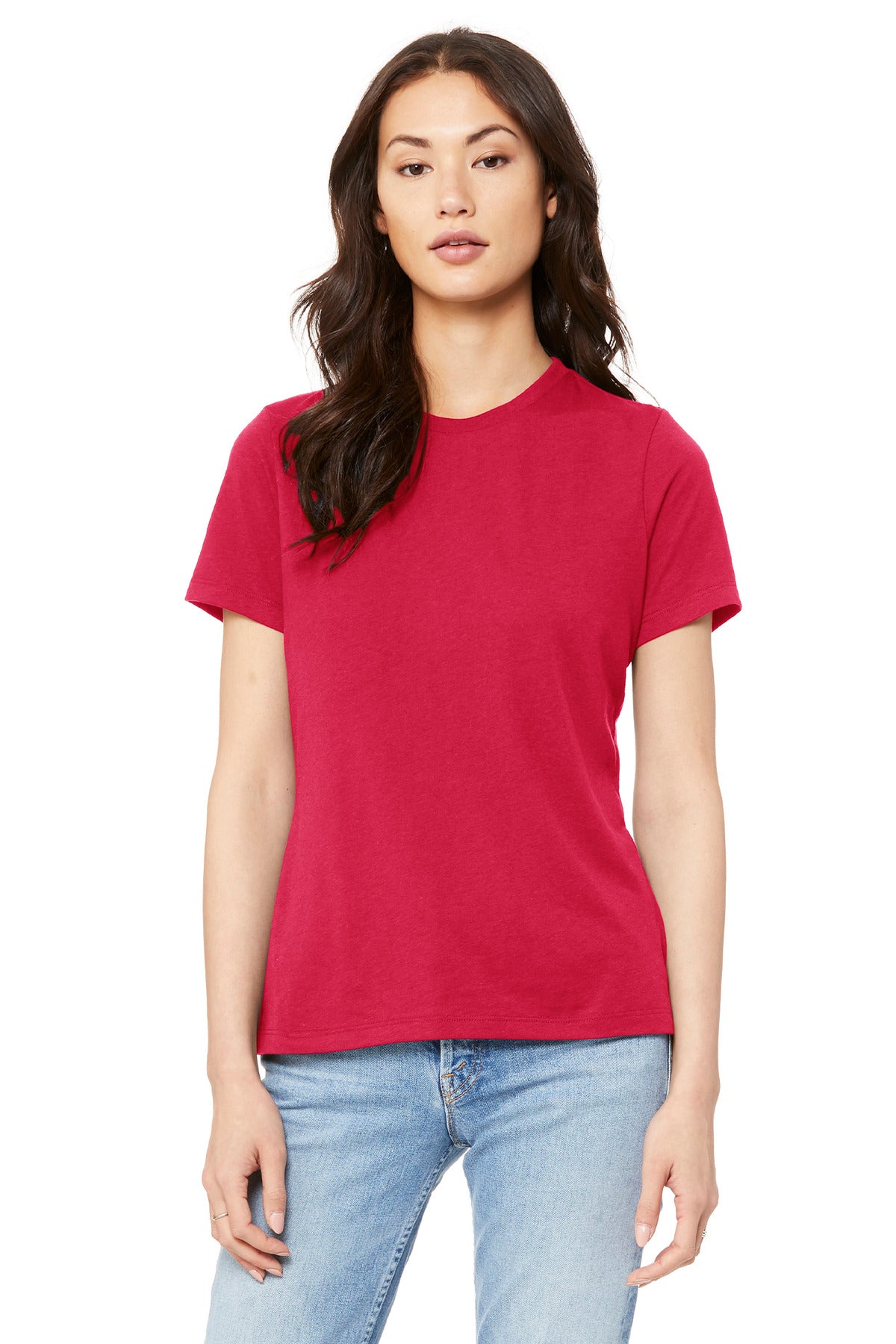 Custom Red Women's Relaxed Jersey Tee BC6400, personalized by SanCanDo Swag in Argyle, TX