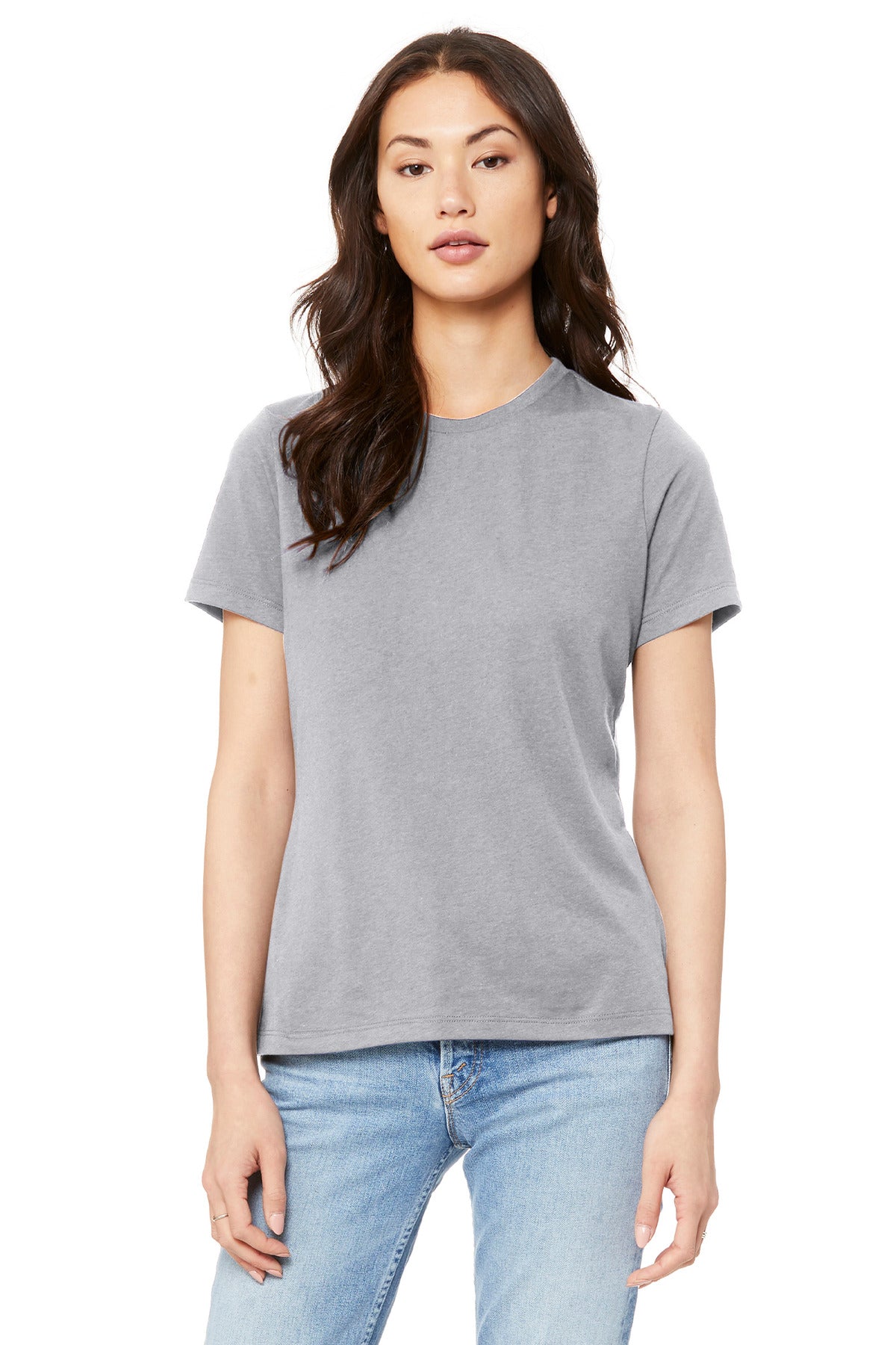 Custom Solid Athletic Grey Women's Relaxed Jersey Tee BC6400, personalized by SanCanDo Swag in Argyle, TX