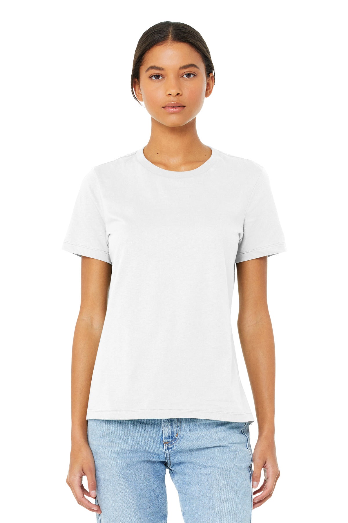 Custom White Women's Relaxed Jersey Tee BC6400, personalized by SanCanDo Swag in Argyle, TX