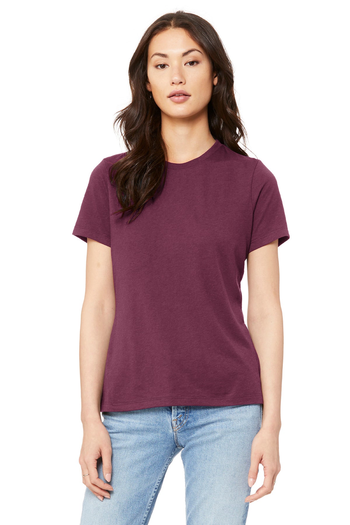 Custom Maroon Women's Relaxed Jersey Tee BC6400, personalized by SanCanDo Swag in Argyle, TX
