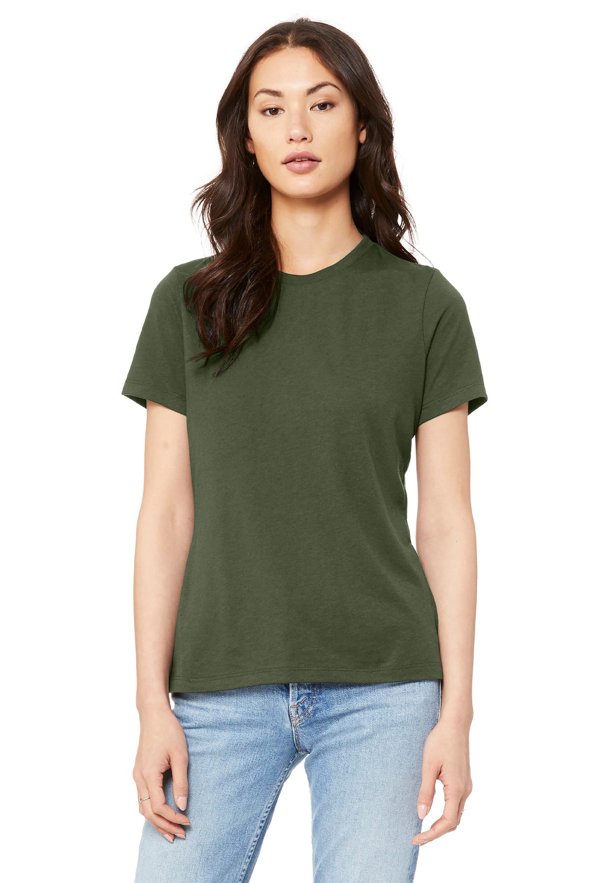 Custom Military Green Women's Relaxed Jersey Tee BC6400, personalized by SanCanDo Swag in Argyle, TX