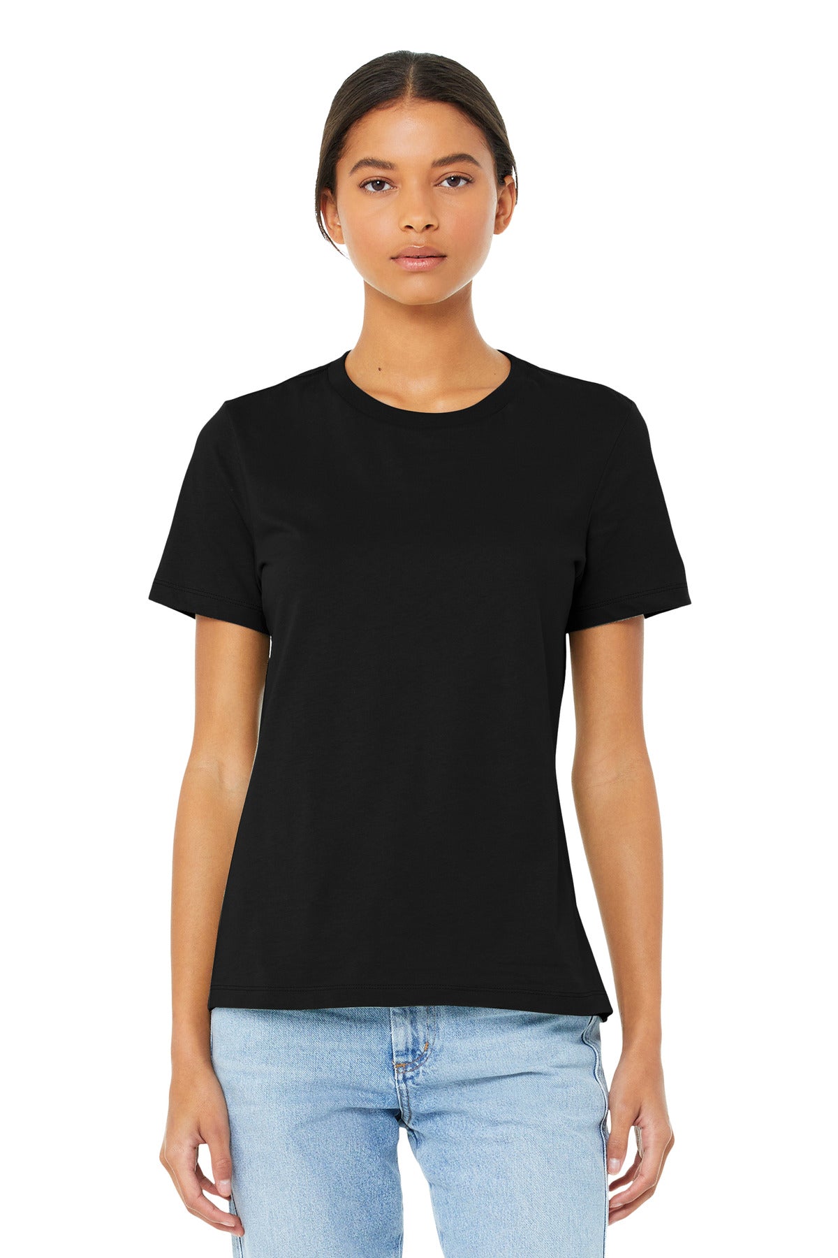 Custom Black Women's Relaxed Jersey Tee BC6400, personalized by SanCanDo Swag in Argyle, TX