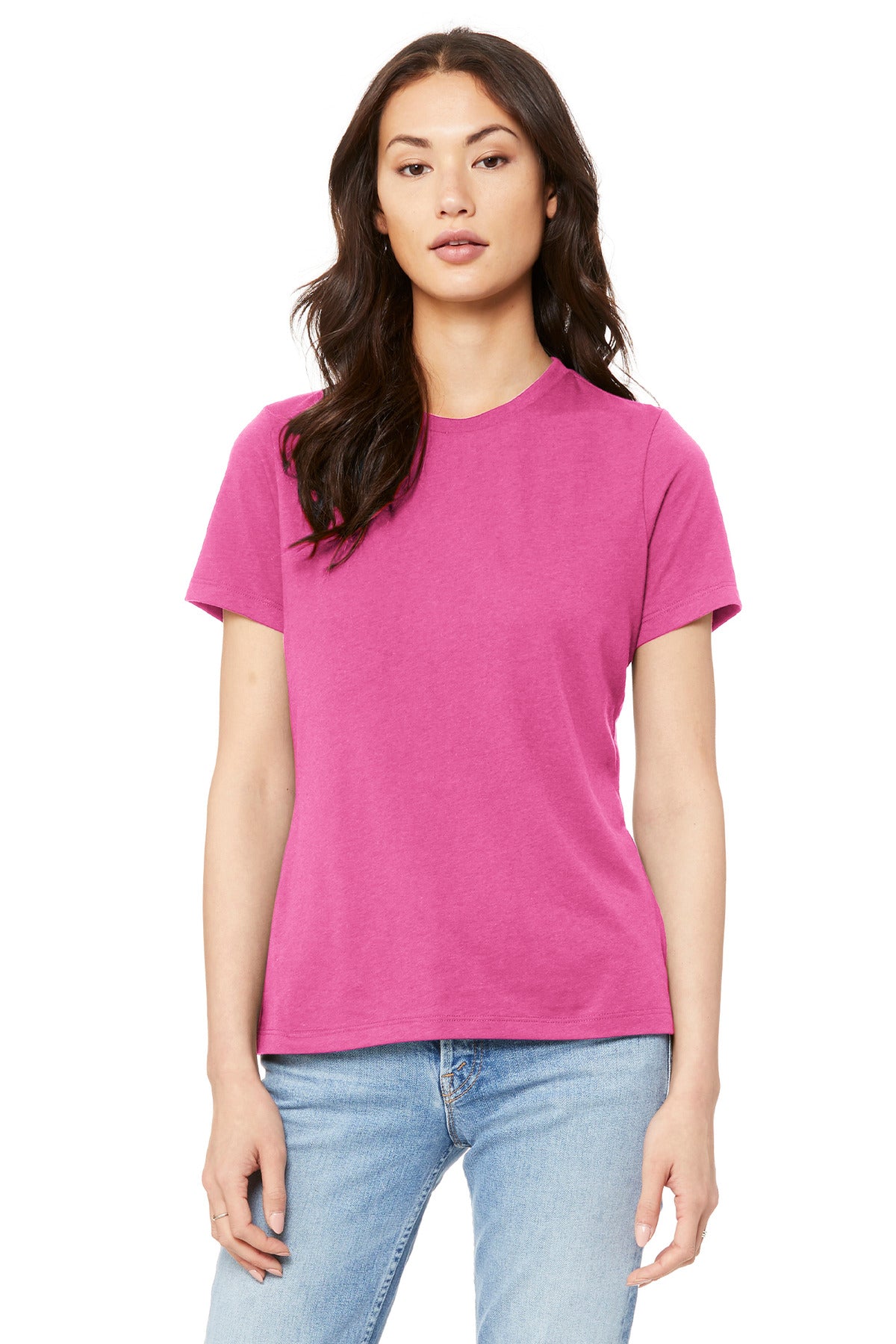 Custom Charity Pink Women's Relaxed Jersey Tee BC6400, personalized by SanCanDo Swag in Argyle, TX