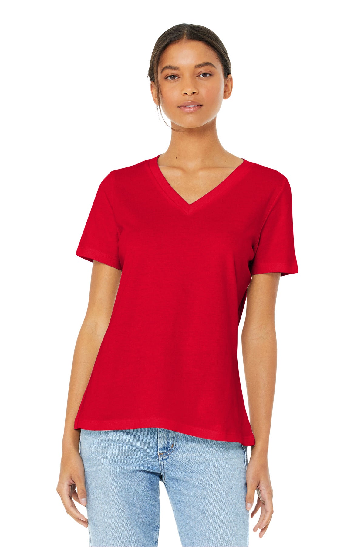 Custom Red Women's Relaxed Jersey V-Neck Tee BC6405, personalized by SanCanDo Swag in Argyle, TX