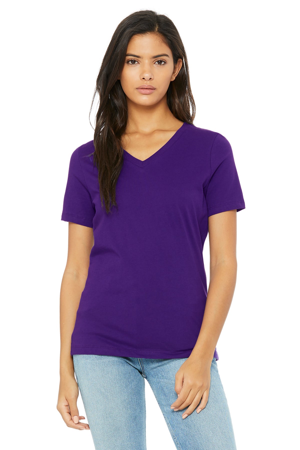 Custom Team Purple Women's Relaxed Jersey V-Neck Tee BC6405, personalized by SanCanDo Swag in Argyle, TX