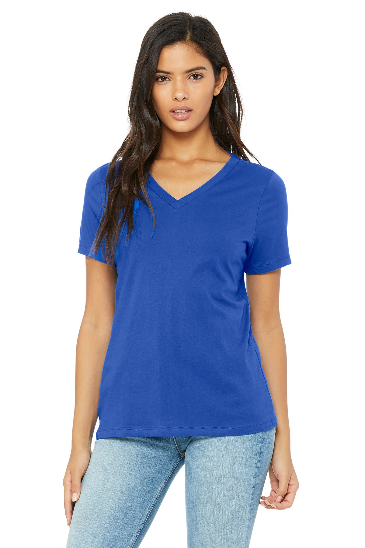 Custom True Royal Women's Relaxed Jersey V-Neck Tee BC6405, personalized by SanCanDo Swag in Argyle, TX