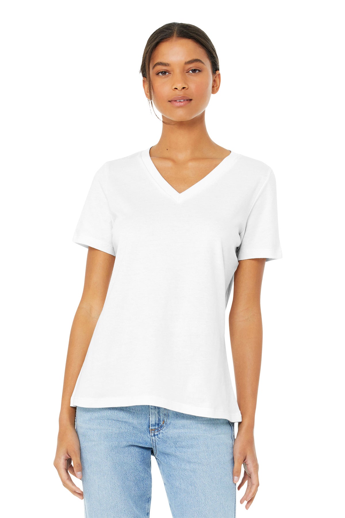 Custom White Women's Relaxed Jersey V-Neck Tee BC6405, personalized by SanCanDo Swag in Argyle, TX
