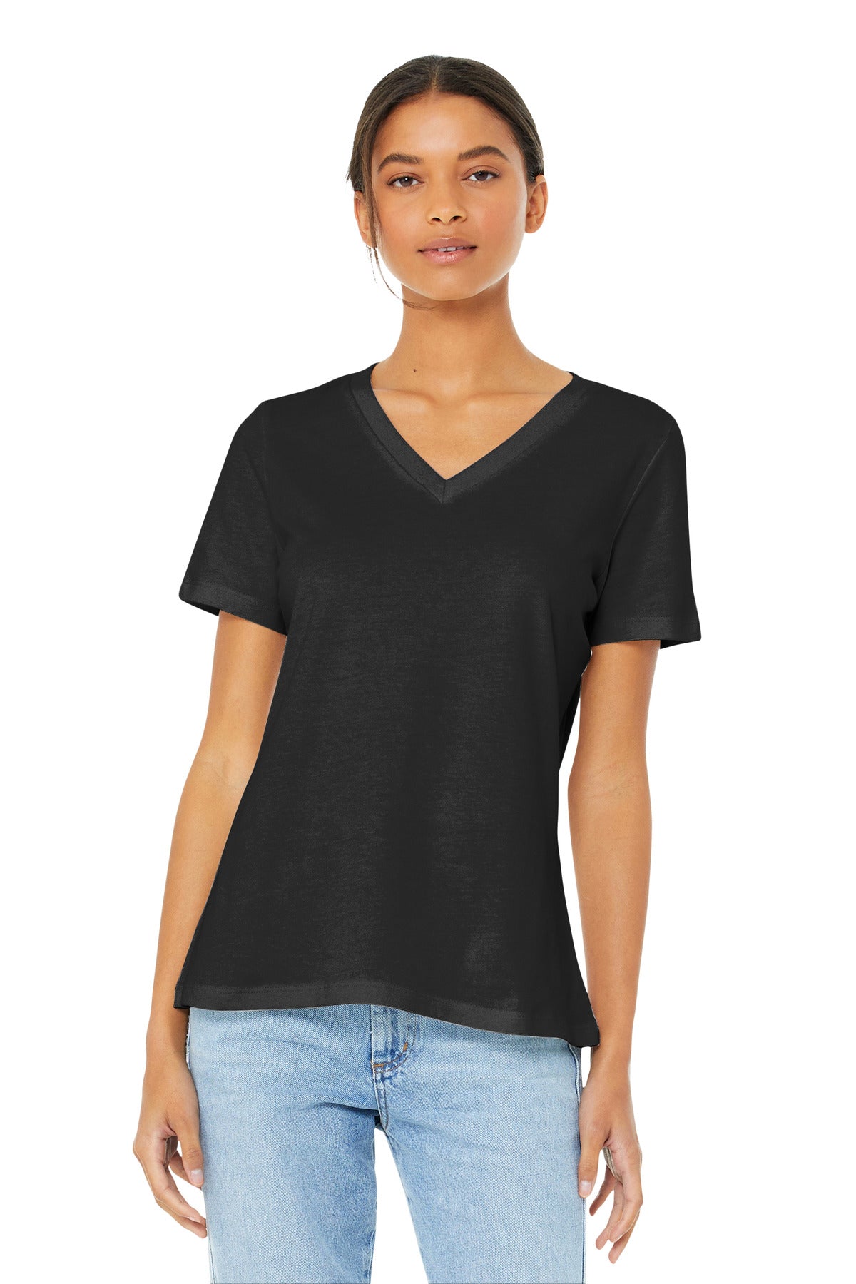 Custom Black Women's Relaxed Jersey V-Neck Tee BC6405, personalized by SanCanDo Swag in Argyle, TX