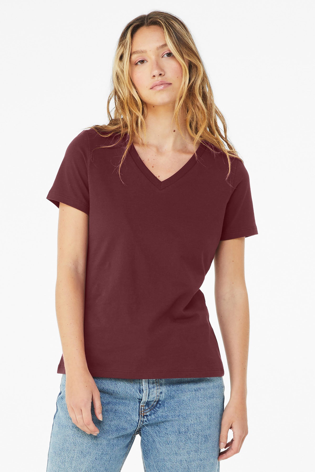 Custom Maroon Women's Relaxed Jersey V-Neck Tee BC6405, personalized by SanCanDo Swag in Argyle, TX